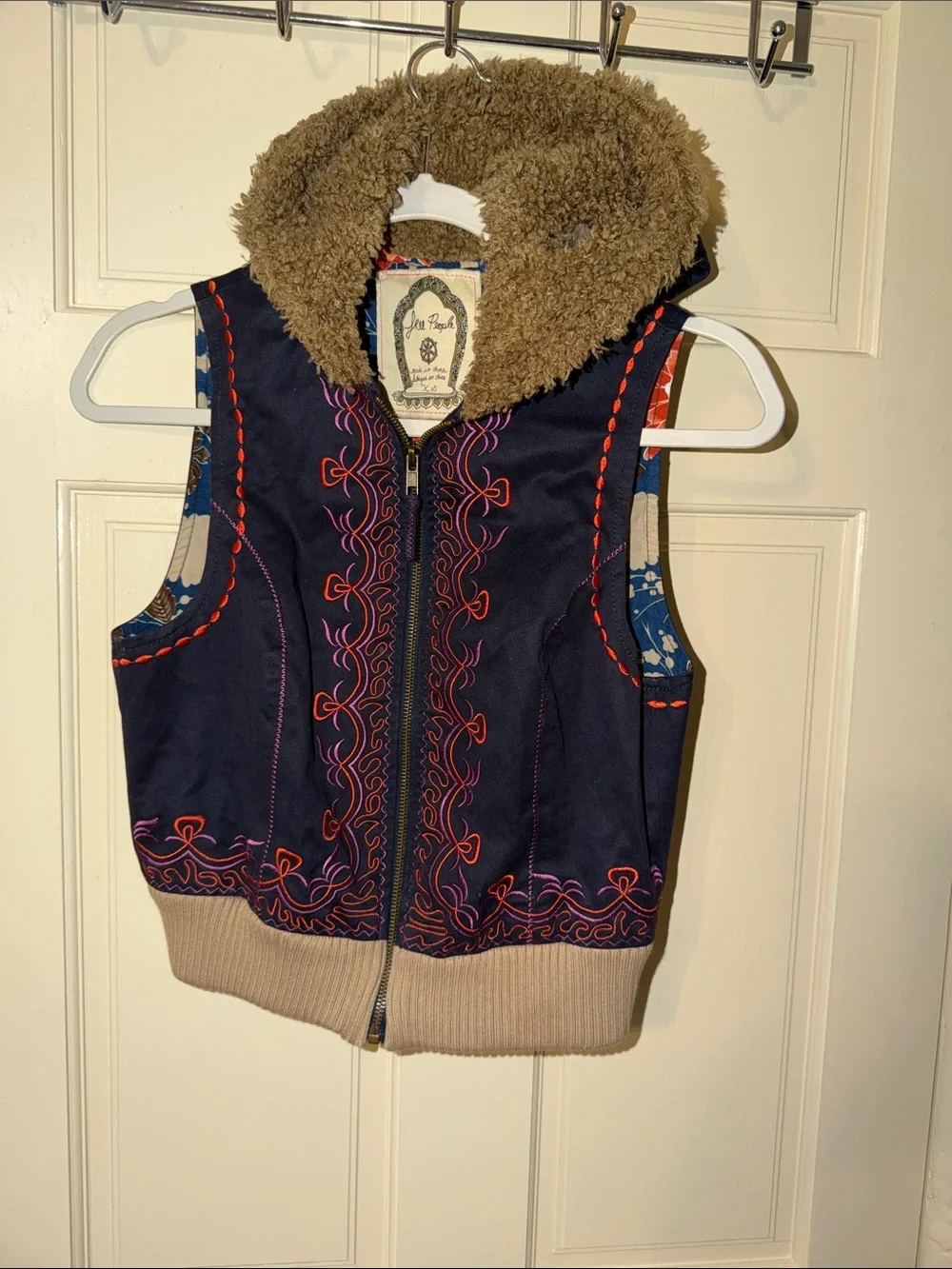 Free People Navy Embroidered Hooded Vest with Tan Sherpa